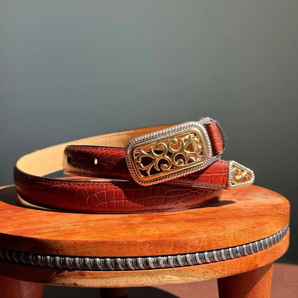 Raymond Floyd Genuine Leather Croc Embossed Belt Brown Gold Buckle Size M 33”
